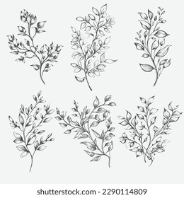 Set of luxury tropical flowers. Trendy high-detail botanical elements. Hand-drawn leaves branches and blooming. Vector illustration