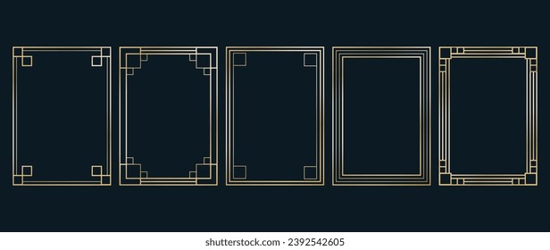  Set of luxury vector golden frames. Golden square A4 geometric shape on black template background. Illustration design for wedding invitation, decoration, poster, banner.