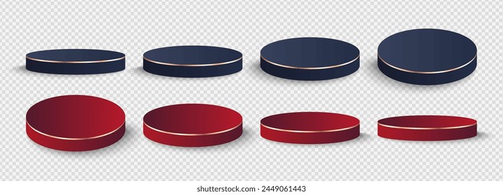 Set of luxury vector podiums in red and blue colors with gold edging. Round podiums for displaying products, trading cards, presentations, promotions. Background for jewelry, cosmetics and perfumes.