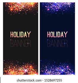 Set of luxury vertical festive banners with sparkles and sparks on a dark background. Christmas cards with golden confetti. New Year invitation template