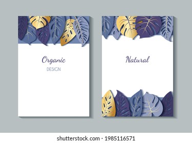 Set of luxury vertical tropical banners with space for text. Blue and gold tropical Monstera leaves. Botanical design for organic products, natural cosmetics, perfumes. Stock vector illustration.