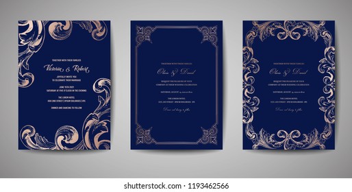 Set of Luxury Vintage Wedding Save the Date, Invitation Navy Cards Collection with Gold Foil Frame and Wreath. Vector trendy cover, graphic poster, retro brochure, design template