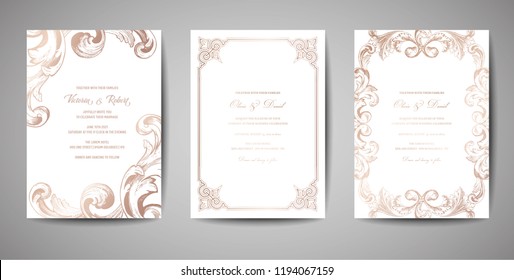 Set of Luxury Vintage Wedding Save the Date, Invitation Cards Collection with Gold Foil Frame and Wreath. Vector trendy cover, graphic poster, retro brochure, design template