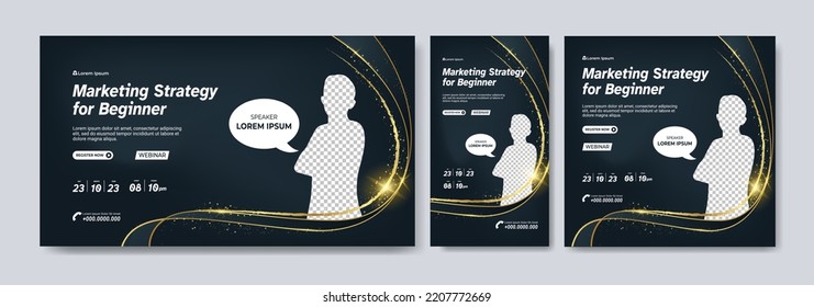 Set luxury webinar banner event.Black gold wave with glitter. Gradient mesh background vector illustration