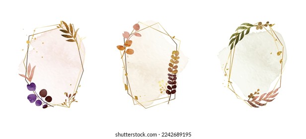 Set of luxury wedding frame element vector illustration. Watercolor and golden leaf branch with polygonal frame and brush stroke texture. Design suitable for frame, invitation card, poster, banner.