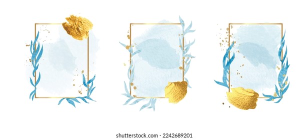 Set of luxury wedding frame element vector illustration. Watercolor leaf branch with golden square frame and glitter brush stroke texture. Design suitable for frame, invitation card, poster, banner.
