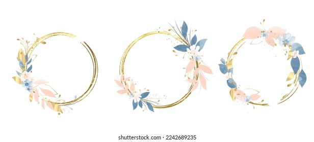 Set of luxury wedding frame element vector illustration. Watercolor floral leaf branch wreath with golden circle frame and brush stroke. Design suitable for frame, invitation card, poster, banner.