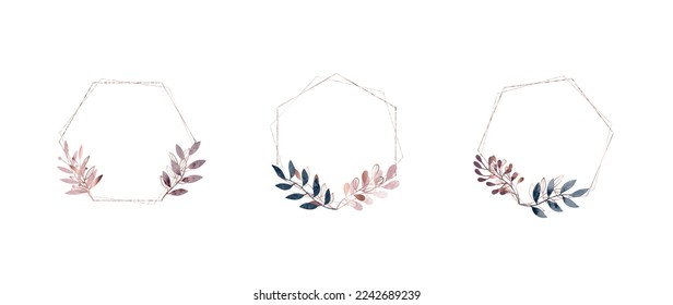 Conjunto de ilustración vectorial de elementos de marco de boda de lujo. Correa de la rama de la hoja de oro de color agua y gradiente con marco hexagonal poligonal. Diseño adecuado para marco, tarjeta de invitación, afiche, banner.