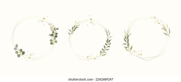 Conjunto de ilustración vectorial de elementos de marco de boda de lujo. Color de agua y rama de hoja dorada con textura de marco poligonal y trazo de pincel. Diseño adecuado para marco, tarjeta de invitación, afiche, banner.