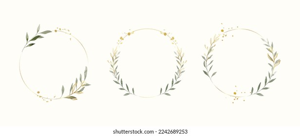 Set of luxury wedding frame element vector illustration. Watercolor and golden leaf branch with circle frame and brush stroke texture. Design suitable for frame, invitation card, poster, banner.