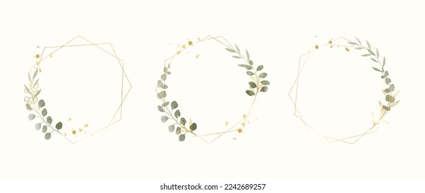 Set of luxury wedding frame element vector illustration. Watercolor and golden leaf branch with polygonal frame and brush stroke texture. Design suitable for frame, invitation card, poster, banner.