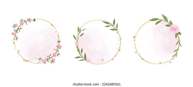 Set of luxury wedding frame element vector illustration. Watercolor floral leaf branch wreath with golden circle frame and brush stroke. Design suitable for frame, invitation card, poster, banner.