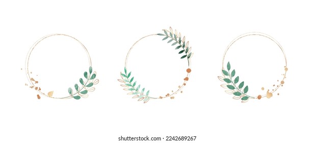 Set of luxury wedding frame element vector illustration. Watercolor and golden leaf branch wreath with circle frame and brush stroke. Design suitable for frame, invitation card, poster, banner.