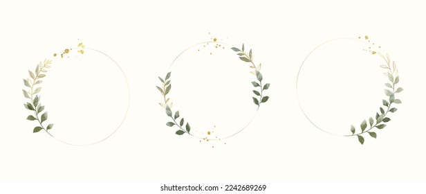 Conjunto de ilustración vectorial de elementos de marco de boda de lujo. Color de agua y rama de hoja dorada con marco de círculo y textura de trazo de pincel. Diseño adecuado para marco, tarjeta de invitación, afiche, banner.