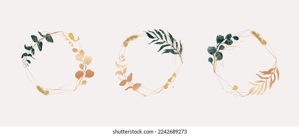 Conjunto de ilustración vectorial de elementos de marco de boda de lujo. Color de agua y rama de hoja dorada con textura de marco poligonal y trazo de pincel. Diseño adecuado para marco, tarjeta de invitación, afiche, banner.