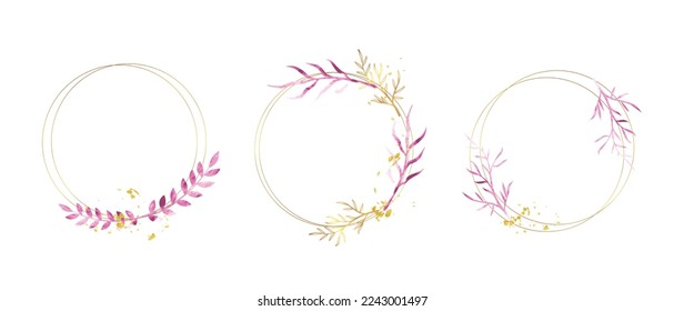 Conjunto de ilustración vectorial de elementos de marco de boda de lujo. Color de agua y rama de hoja dorada con marco de círculo y textura de trazo de pincel. Diseño adecuado para marco, tarjeta de invitación, afiche, banner.