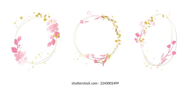 Conjunto de ilustración vectorial de elementos de marco de boda de lujo. Color de agua y rama de hoja dorada con marco de círculo y textura de trazo de pincel. Diseño adecuado para marco, tarjeta de invitación, afiche, banner.