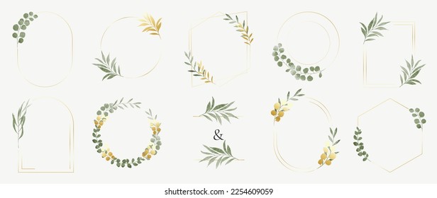 Set of luxury wedding frame element vector illustration. Watercolor botanical leaf branch wreath with elegant golden geometric frame template collection. Design for invitation card, poster, banner.