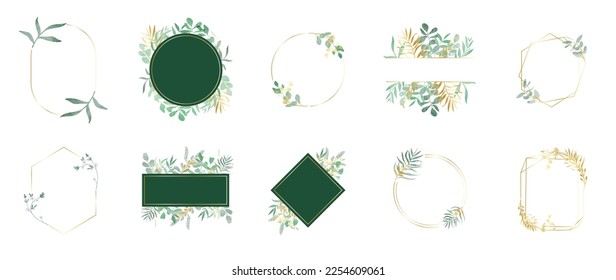 Set of luxury wedding frame element vector illustration. Watercolor botanical leaf branch wreath with elegant golden geometric frame template collection. Design for invitation card, poster, banner.