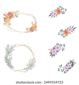 Set of luxury wedding frame element vector illustration. Watercolor leaf branch with golden polygonal frame and brush stroke texture. Design suitable for frame, invitation card, poster, banner.