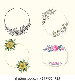 Set of luxury wedding frame element vector illustration. Watercolor leaf branch with golden polygonal frame and brush stroke texture. Design suitable for frame, invitation card, poster, banner.