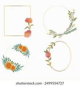 Set of luxury wedding frame element vector illustration. Watercolor leaf branch with golden polygonal frame and brush stroke texture. Design suitable for frame, invitation card, poster, banner.