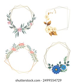 Set of luxury wedding frame element vector illustration. Watercolor leaf branch with golden polygonal frame and brush stroke texture. Design suitable for frame, invitation card, poster, banner.