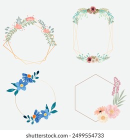 Set of luxury wedding frame element vector illustration. Watercolor leaf branch with golden polygonal frame and brush stroke texture. Design suitable for frame, invitation card, poster, banner.