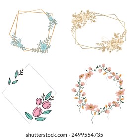 Set of luxury wedding frame element vector illustration. Watercolor leaf branch with golden polygonal frame and brush stroke texture. Design suitable for frame, invitation card, poster, banner.