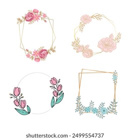 Set of luxury wedding frame element vector illustration. Watercolor leaf branch with golden polygonal frame and brush stroke texture. Design suitable for frame, invitation card, poster, banner.