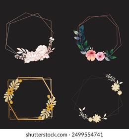 Set of luxury wedding frame element vector illustration. Watercolor leaf branch with golden polygonal frame and brush stroke texture. Design suitable for frame, invitation card, poster, banner.