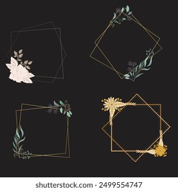 Set of luxury wedding frame element vector illustration. Watercolor leaf branch with golden polygonal frame and brush stroke texture. Design suitable for frame, invitation card, poster, banner.