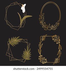 Set of luxury wedding frame element vector illustration. Watercolor leaf branch with golden polygonal frame and brush stroke texture. Design suitable for frame, invitation card, poster, banner.