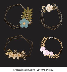Conjunto de Ilustración vectorial de elemento de marco de boda de lujo. Rama de hoja de acuarela con marco poligonal dorado y textura de trazo de pincel. Diseño conveniente para el marco, tarjeta de la invitación, cartel, Anuncio.