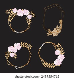 Set of luxury wedding frame element vector illustration. Watercolor leaf branch with golden polygonal frame and brush stroke texture. Design suitable for frame, invitation card, poster, banner.