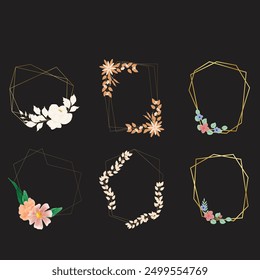 Conjunto de Ilustración vectorial de elemento de marco de boda de lujo. Rama de hoja de acuarela con marco poligonal dorado y textura de trazo de pincel. Diseño conveniente para el marco, tarjeta de la invitación, cartel, Anuncio.