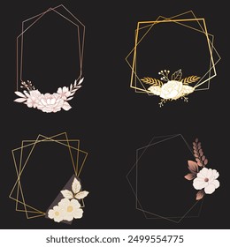 Set of luxury wedding frame element vector illustration. Watercolor leaf branch with golden polygonal frame and brush stroke texture. Design suitable for frame, invitation card, poster, banner.