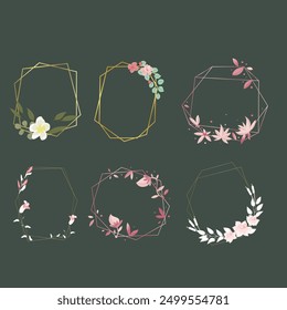 Set of luxury wedding frame element vector illustration. Watercolor leaf branch with golden polygonal frame and brush stroke texture. Design suitable for frame, invitation card, poster, banner.