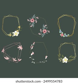 Set of luxury wedding frame element vector illustration. Watercolor leaf branch with golden polygonal frame and brush stroke texture. Design suitable for frame, invitation card, poster, banner.