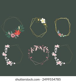 Set of luxury wedding frame element vector illustration. Watercolor leaf branch with golden polygonal frame and brush stroke texture. Design suitable for frame, invitation card, poster, banner.