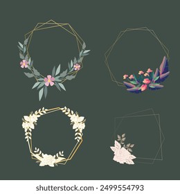 Set of luxury wedding frame element vector illustration. Watercolor leaf branch with golden polygonal frame and brush stroke texture. Design suitable for frame, invitation card, poster, banner.