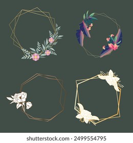 Set of luxury wedding frame element vector illustration. Watercolor leaf branch with golden polygonal frame and brush stroke texture. Design suitable for frame, invitation card, poster, banner.