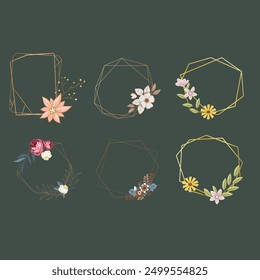 Set of luxury wedding frame element vector illustration. Watercolor leaf branch with golden polygonal frame and brush stroke texture. Design suitable for frame, invitation card, poster, banner.