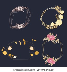 Set of luxury wedding frame element vector illustration. Watercolor leaf branch with golden polygonal frame and brush stroke texture. Design suitable for frame, invitation card, poster, banner.