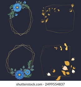 Set of luxury wedding frame element vector illustration. Watercolor leaf branch with golden polygonal frame and brush stroke texture. Design suitable for frame, invitation card, poster, banner.