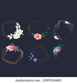 Set of luxury wedding frame element vector illustration. Watercolor leaf branch with golden polygonal frame and brush stroke texture. Design suitable for frame, invitation card, poster, banner.
