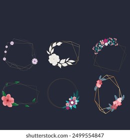 Conjunto de Ilustración vectorial de elemento de marco de boda de lujo. Rama de hoja de acuarela con marco poligonal dorado y textura de trazo de pincel. Diseño conveniente para el marco, tarjeta de la invitación, cartel, Anuncio.