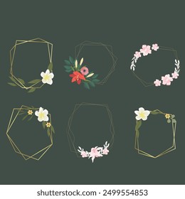 Conjunto de Ilustración vectorial de elemento de marco de boda de lujo. Rama de hoja de acuarela con marco poligonal dorado y textura de trazo de pincel. Diseño conveniente para el marco, tarjeta de la invitación, cartel, Anuncio.