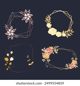 Conjunto de Ilustración vectorial de elemento de marco de boda de lujo. Rama de hoja de acuarela con marco poligonal dorado y textura de trazo de pincel. Diseño conveniente para el marco, tarjeta de la invitación, cartel, Anuncio.