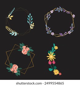 Set of luxury wedding frame element vector illustration. Watercolor leaf branch with golden polygonal frame and brush stroke texture. Design suitable for frame, invitation card, poster, banner.